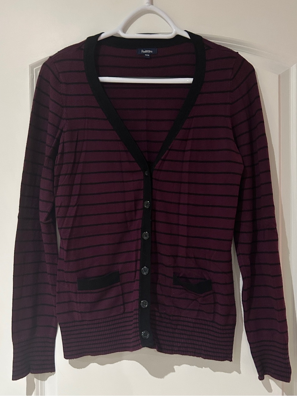 Reitmans Plum and Black Striped V-Neck Cardigan